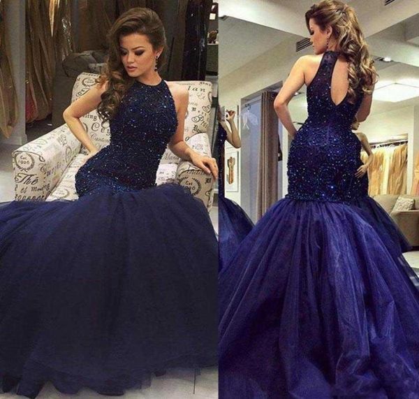 

navy blue beaded mermaid prom dresses vestidos de fiesta halter neck keyhole back pageant evening party gowns reception dress7282553, Black