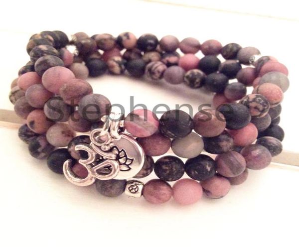 

mg0663 black vein rhodonite 108 mala bracelet 8 mm gemstone ohm lotus charm bracelet new design womens yoga mala bracelet6337586