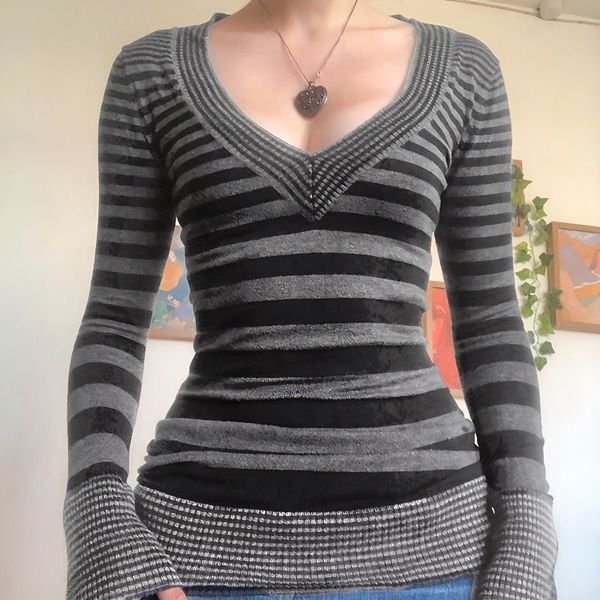

y2k knitted fairy grunge clothes women striped v neck long sleeve t shirt, White