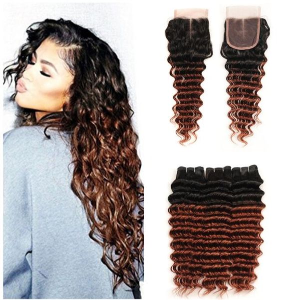 

brazilian 33 weaves 100 human hair extensions deep wave dark auburn ombre hair 3 bundles 8a dark brown hair with lace closure9642526, Black;brown