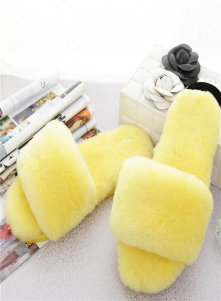 

natural sheepskin wool home slippers women fur slippers winter indoor warm furry house lady casual shoe plus size35436395703, Black