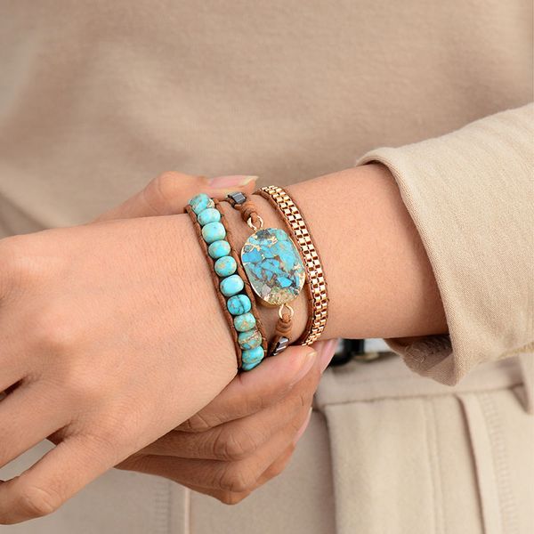 

designer jewelry bracelet bohemian style cut horn pine stone bracelet ornaments three-layer winding hand braided leather rope hand string, Golden;silver