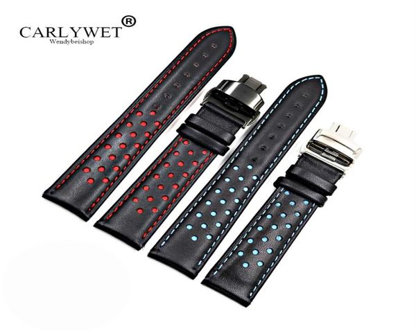 

carlywet 20 22mm cowhide leather handmade black red blue replacement wrist watch band strap double push clasp for tag carrera1601340, Black;brown