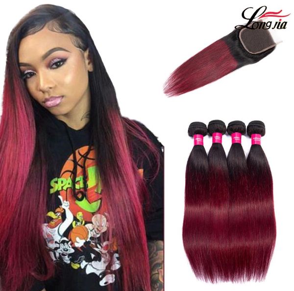 

peruvian human hair bundles with closure 44 1b99j ombre straight hair with closure 34 bundles peruvian straight virgin hair ext2658273, Black;brown