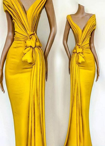 

yellow 2020 african evening dresses pleats knoted mermaid prom gowns v neck short sleeve ruffles formal party celebrity gowns8288176, Black;red