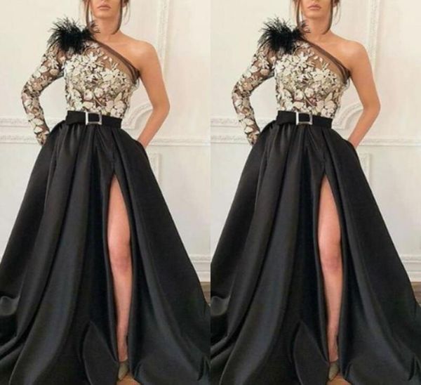 

modern one shoulder black satin a line evening gown long sleeve appliques front split long prom dresses for special occasion wear8886602, Black;red