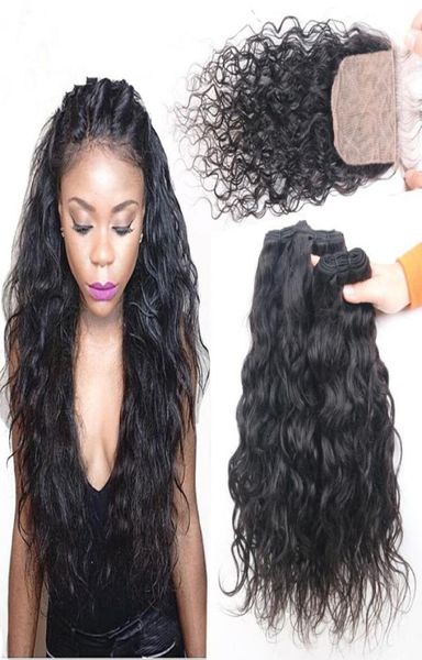 

wet and wavy malaysian human hair weave bundles with parting 4x4 silk base closure 4pcs lot water wave human hair wefts exten7033901, Black