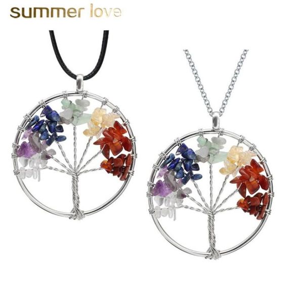 

new 7 chakra tree pendant necklace for women big colorful crystal natural stone necklaces link chain jewelry christmas gift7672466, Silver