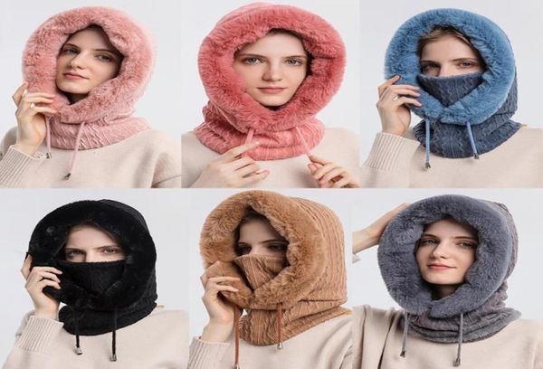 

beanieskull caps winter fur cap mask set hooded for women knitted cashmere neck russia warm outdoor ski windproof hat thick plush3906285, Blue;gray