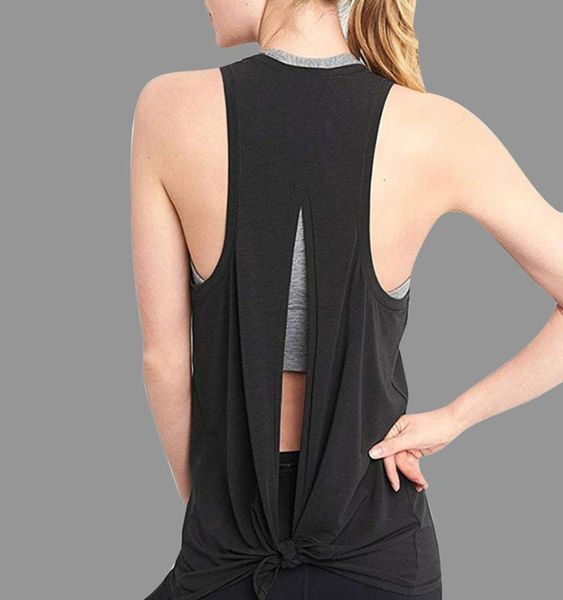 

new fashion women open back sport solid yoga shirts tie workout racerback tank fitness women sport shirts5456019, White;black