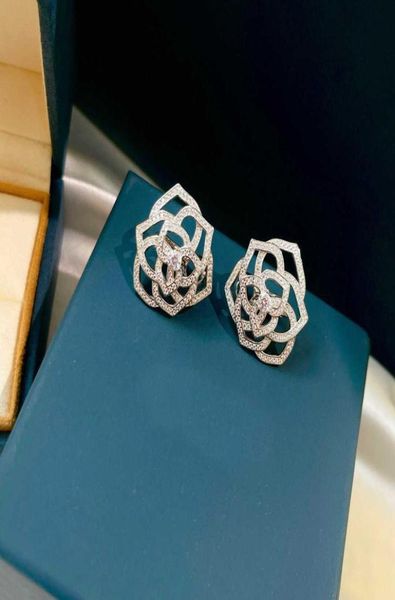 

2022 brand pure 925 sterling silver earrings rose flower cute stud earrings diamond fine luxury brand lady5649277, Golden