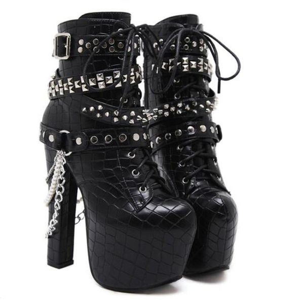 

zip metal chains rivet motorcycle boots women shoes super high heels platform ankle boots punk rock gothic biker yma7047434465, Black