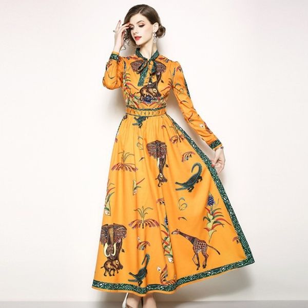 

2023 autumn new item europe station high-end women's long sleeve slim tie positioning print dress, Black;gray