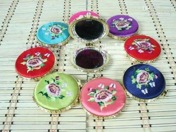 

pocket vanity mirrors compact silk embroidery double side 50pcslot mix color 5263385