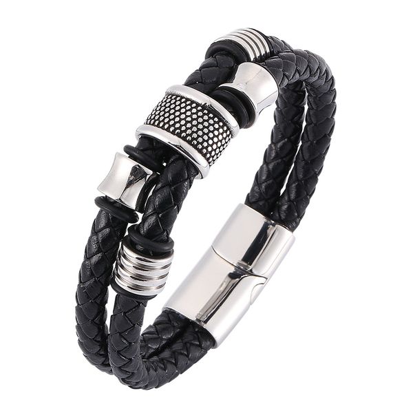 

cool double layered black leather men bracelet, Golden;silver