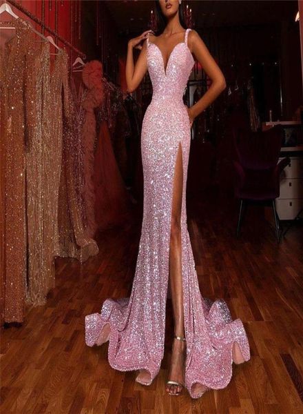 

sparkly arabic evening dresses bling bling pink sequin split prom dresses sweetheart neck straps graduation evening party gowns cu3883927, Black;red