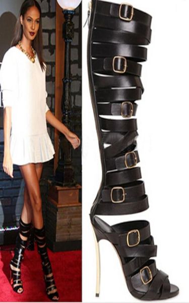 

lady black leather buckle straps metallic heel summer sandals open toe cutouts high gladiator snadal boots7346893