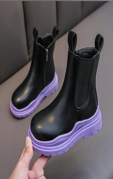 

boots girls leather sport shoes for children fashion soft bottom princess high kids sneakers1025896, Black;grey