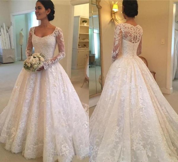 

2020 scoop neck aline long sleeve lace wedding dresses button back appliques beaded bridal wedding gowns3810548, White
