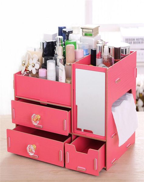

1pc wooden cosmetics makeup storage tissue box wood organizer jewelry case with mirror gifts for lady girl5682675