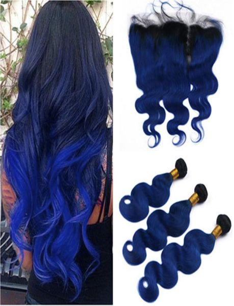 

black and dark blue ombre malaysian body wave human hair weave bundles with 13x4 full lace frontal 1bblue ombre virgin hair exte1086414, Black;brown