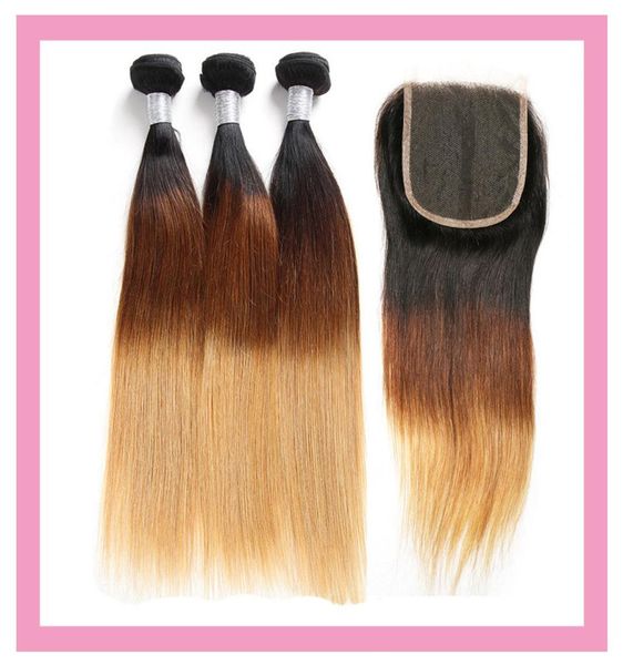 

brazilian virgin hair 1b 4 27 ombre human hair straight 3 bundles with 4x4 lace closure with baby hair straight 1b427 three tone9841519, Black;brown