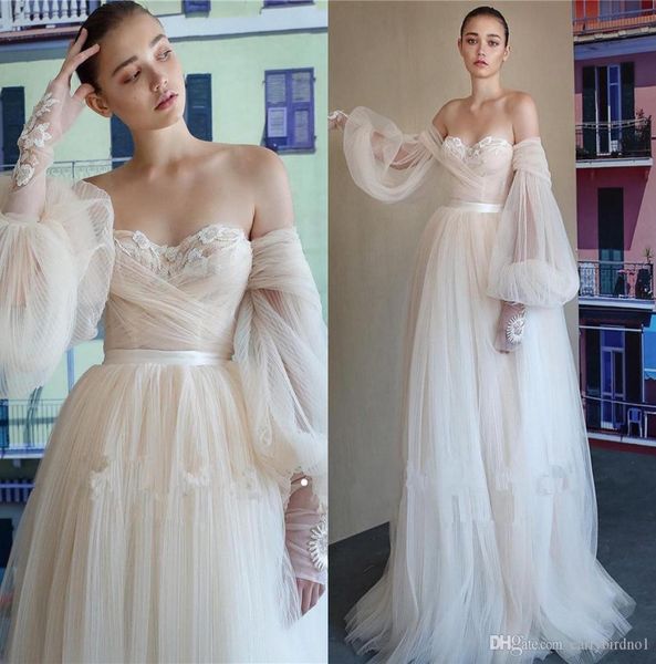 

elegant romantic poet long sleeves beach aline wedding dresses lace tulle appliqued plus size bohemian wedding dress bridal7922885, White