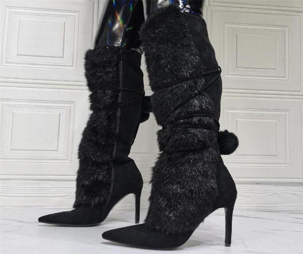 

boots ladies 2022 shoes black suede fur ball knee high women stiletto heel pointed toe metal lace up side zip5785509