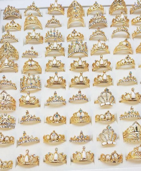 

50pcslot rhinestone crown rings charming fashion finger ring for women and girls party wedding engagement jewelry1597637, Slivery;golden