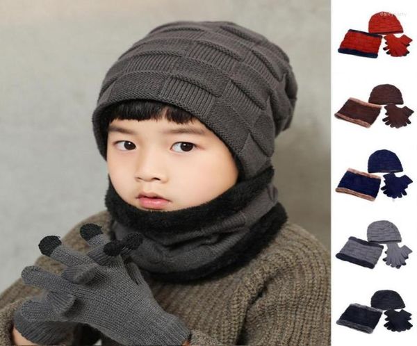 

berets 3pcsset scarf hat gloves set ear protection high elastic full finger fleece lined solid color kids3080165, Blue;gray