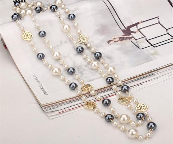 

fashion designer luxury classic style hollow roses elegant multi colors bright pearls long sweater statement necklace for woman 125501450, Black