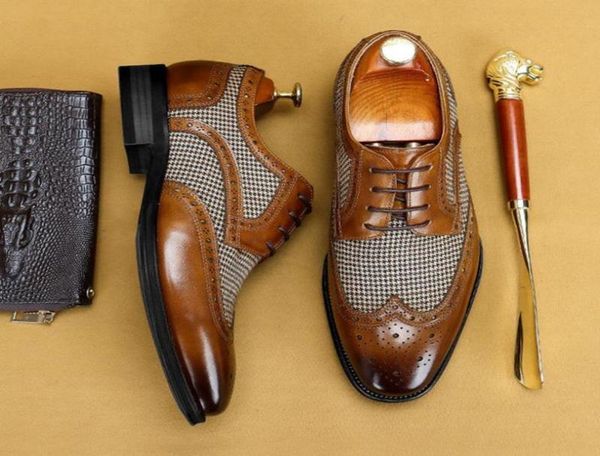 

men brock derby shoes colorblock pu stitching plaid carved wingtip lace up fashion business casual wedding daily dress shoes2182112, Black
