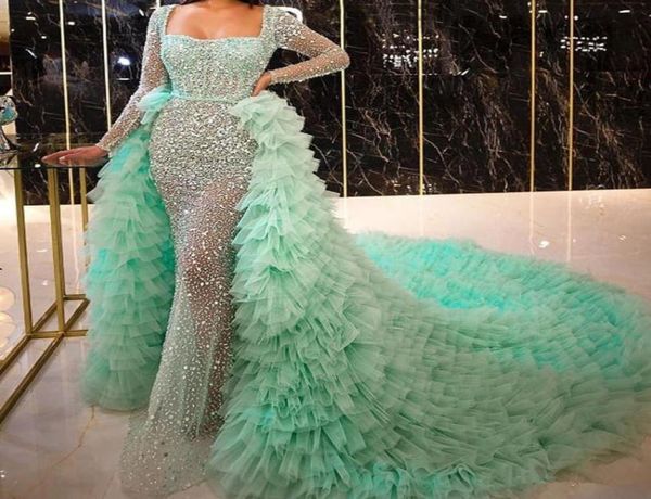 

light green mermaid evening dresses with detachable train robe de soiree long sleeve sequins tier tulle party pageant dress prom g6851437, Black;red