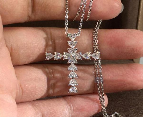 

simple fashion jewelry 925 sterling silver heart shape white z cz diamond party cross pendant christianity women clavicle neck2031067