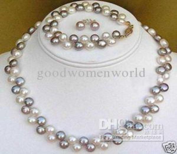 

new natural 78mm purple white pearl necklace bracelet earring set6375679, Silver