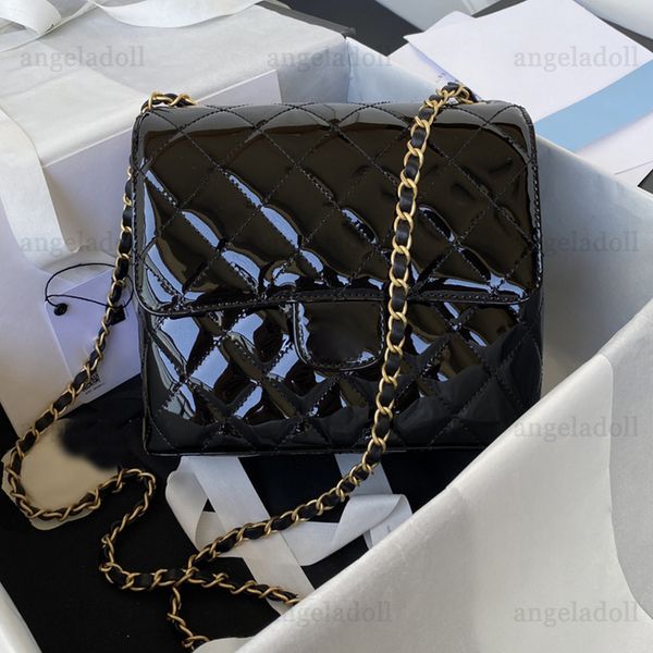 

10a mirror quality designers mini square flap bag 18cm black patent leather handbag clssic womens quilted tweed purse crossbody shoulder cha