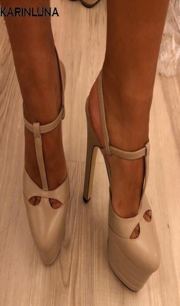 

karinluna 2019 big size 42 inside sheepskin leather shoes woman high heels platform party wedding brides sandals women pumps cy2002107077, Black