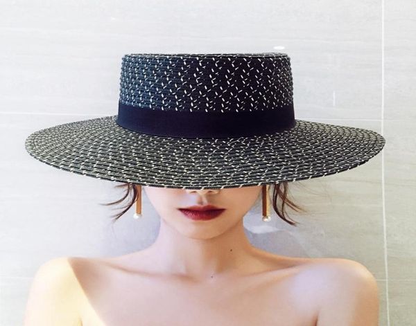 

black and white flat straw hat women elegant fashion beach seaside vacation sunshade sun protection panama wide brim hats1045405, Blue;gray