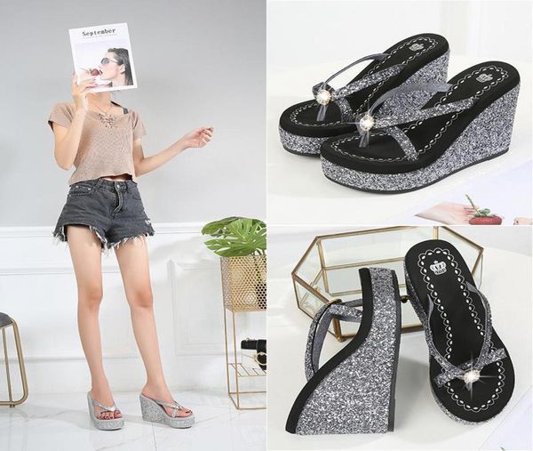 

shoes woman 2021 house slippers platform on a wedge glitter slides heeled mules pantofle rubber flip flops jelly high3403145, Black