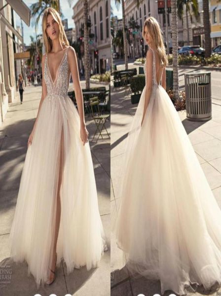 

2019 muse berta bohemian wedding dresses deep v neck lace beaded sequins side split backless beach wedding gown sweep train robe d7124092, White