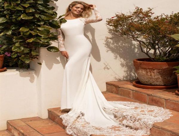 

new white wedding dress 2021 scoop long sleeves court train appliques lace satin bridal gowns robe de mariee vestidos de novi8968310