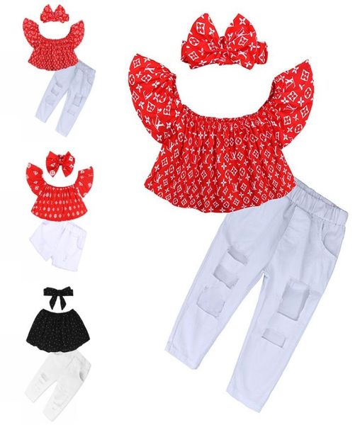 

kids summer girls fashion clothing sets off shoulder shirthole pantshairband 3pcs set outfit children clothes2954301, White