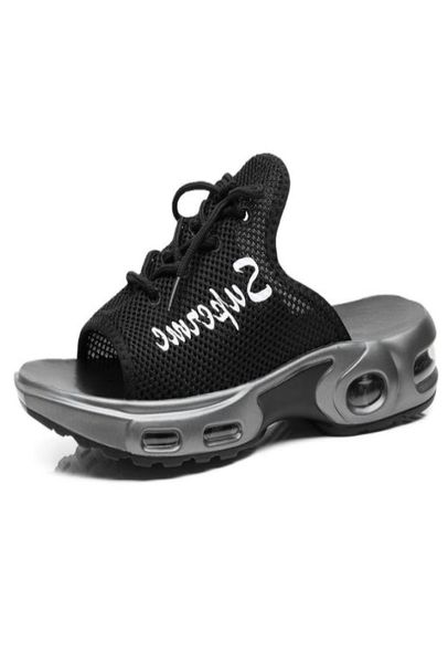 

air cushion slippers men vacation wearproof antiskid slipper with soft sole mesh slipper hollow shoes for summer lace up slippers 2006441, Black
