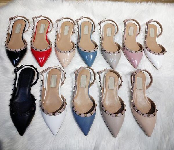 

women brand sandals flat rivets shoes classics v pointed toe black matte genuine leather shallow red wedding shoes with box a4547120