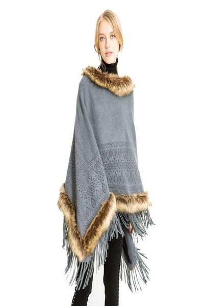

scarves fashion autumn and winter women faux fur collar tassel knitted shawl cape poncho scarf pullovers warmers5532173, Blue;gray