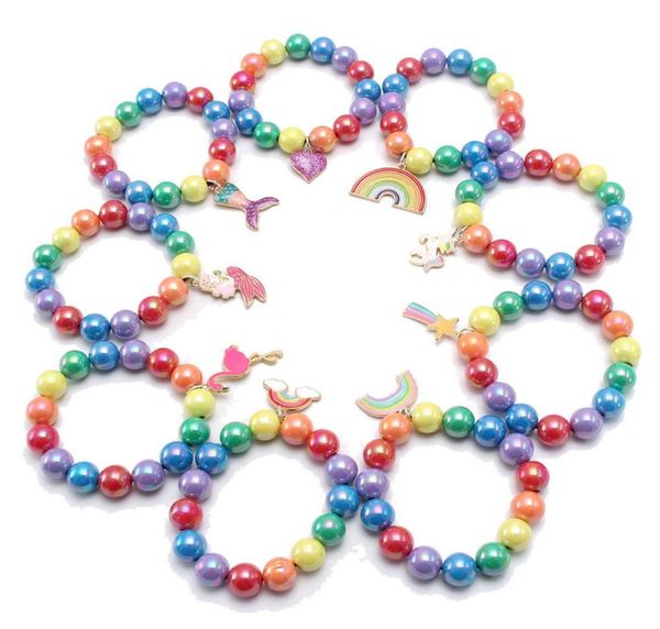 

ins 18 styles kids diy rainbow beads jewelry mermaid flamingo charms bracelet cute design princess bracelets for girl gift6762213, Red;brown