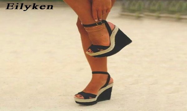 

eilyken fashion women summer sandals shoes buckle strap leisure platform wedges sandals wedges high heels 15cm shoes 2103067536754, Black
