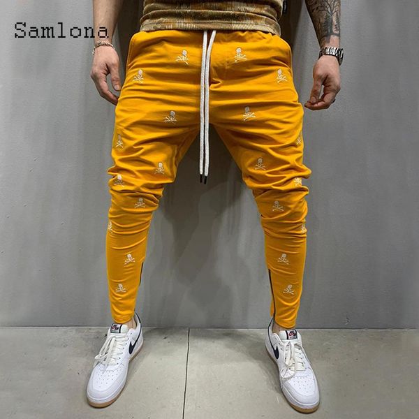 

pants samlona casual pants men fashion laceup pant male 2022 halloween skull printed pants streetwear mens leisure pencil trousers, Black