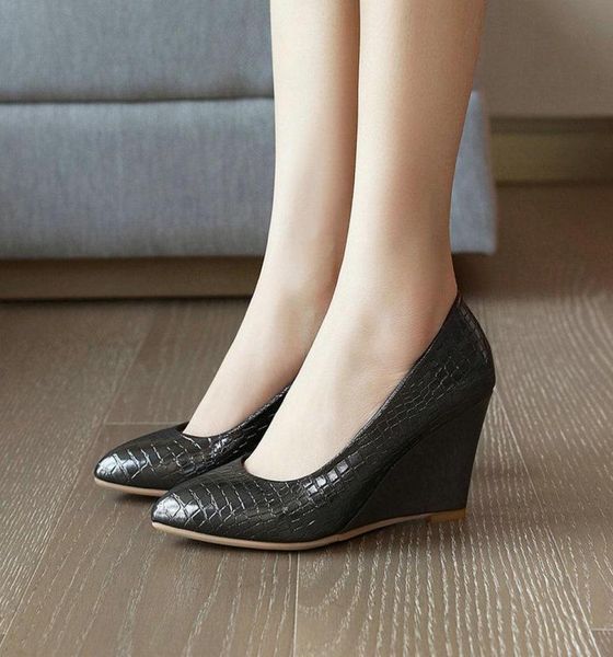 

dress shoes 2021 women pumps pu leather high heels pointed toe wedges wedding slip on lazy big size 34437773652, Black