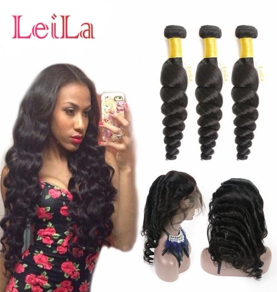 

peruvian virgin hair pre plucked 3 bundles with 360 lace frontal loose wave natural hairline lace band loose wave human hair exten5150444, Black;brown
